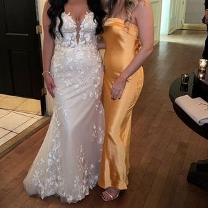 Gold strapless satin dress